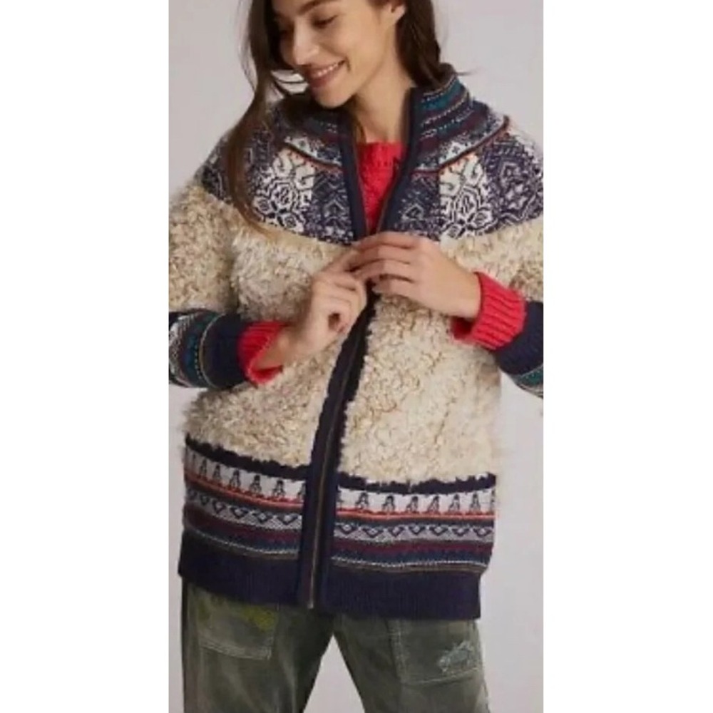 Pilcro Anthropologie Lambswool Sherpa Teddy Fair Isle Longline Bomber Jacket L